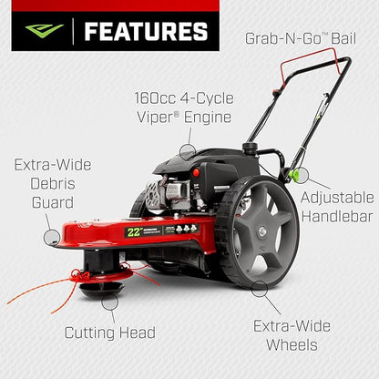 Earthquake Walk Behind String Mower With 160cc Viper 4-Cycle Engine, 22” Cutting Diameter, 14” Never-Go-Flat Wheels, Easy Assembly, Adjustable Handlebar, 40314