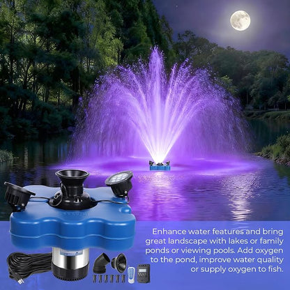 Pond Fountain Aerator with Lights,Floating Fountain for Outdoor Large Ponds | AC110V 1HP 750W with 15000 GPH RGB Light Aeration Aerating Fountain Pump for Outdoor Ponds & Lakes with 15A/100FT Power Cord