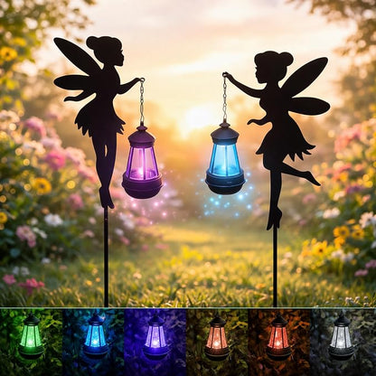 Solar Fairy Garden Accessories Outdoor 1 Pair - Metal Stakes Decorative Figurines Housewarming Ornament for Patio, Lawn, Yard, Pathway - Unique Gift Ideas for Mom Grandma (Type B Color-Shifting)