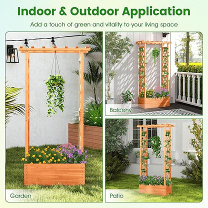 HAPPYGRILL Raised Garden Bed with Trellis, Wood Elevated Garden Bed with Hanging Roof, Planter Box, Drainage Holes for Climbing Plants, Flowers, Vegetables, 31" L x 14" W x 60" H