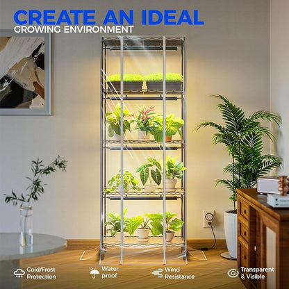Barrina CX91Z Indoor Greenhouse with Grow Light, 5-Tier Plant Stand with Cover and 1.6FT 25W(Per Light) Full Spectrum Plant Lights, Plant Shelves with Tent for Seed Starting, 23.6x13.8x59IN