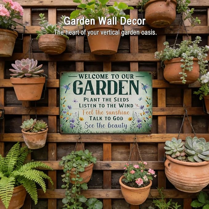 Vintage Garden Decor Gardening Art Signs Plant Lovers' Gifts | Motivational Greenhouse Yard Fence She Shed Wall Decor Women Gardeners Welcome To Our Garden Tin Sign 12x8 Inch Weather-proof