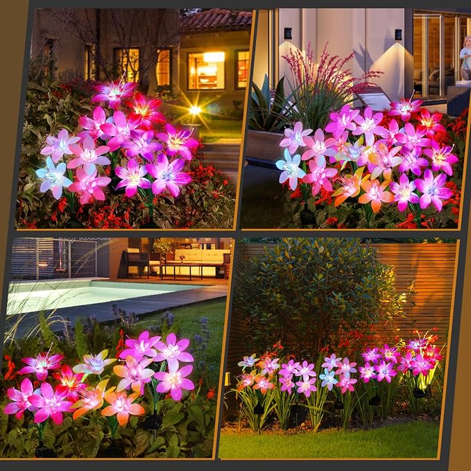 Aukora Solar Garden Lights, 10 Pack Lily Flower Waterproof, 7-Color Change | Landscape Decor Outdoor for Pathway Lawn Patio Yard Walkway,Holiday Gifts for Mom Women, 5 Beautiful Mixed Colors