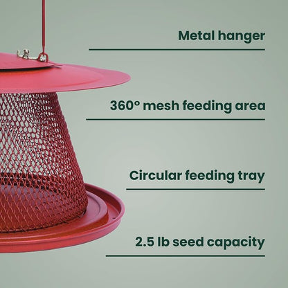 Perky-Pet Red Cardinal Wild Bird Feeder, 2.5 lb Seed Capacity | Holds Up to 15 Birds Simultaneously, Metal Hanging Feeder for Outdoors, Mesh Design, Built-In Hook & Circular Tray, C00322