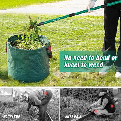 HUZSV Weed Puller Tool Gardening Hand Weeding Tool with Long Handle 4 Steel Claws and Collapsible Trash Can for Lawn and Garden,Easily Remove Weeds Without Bending, Pulling,or Kneeling