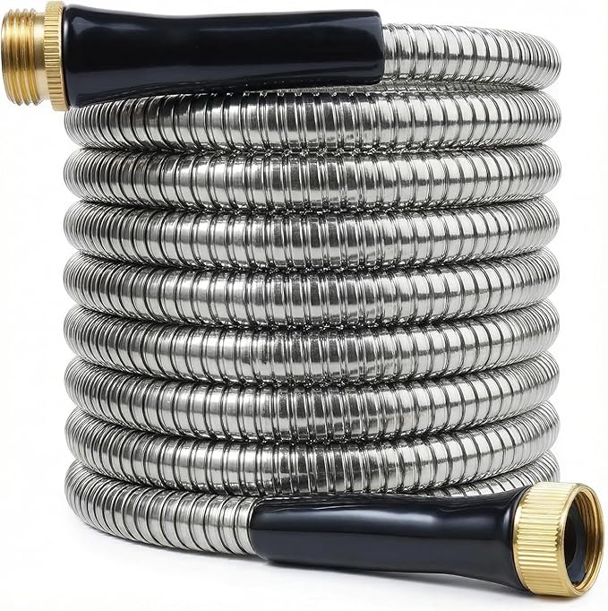 SheeChung Garden Hose 12ft x 5/8",Metal Garden Hose Extension Adapter for Hose Reel Faucet,Lightweight & Leakproof Leader Hose for Outdoor Yard,Heavy Duty 304 Stainless Steel Water Pipe,Male to Female
