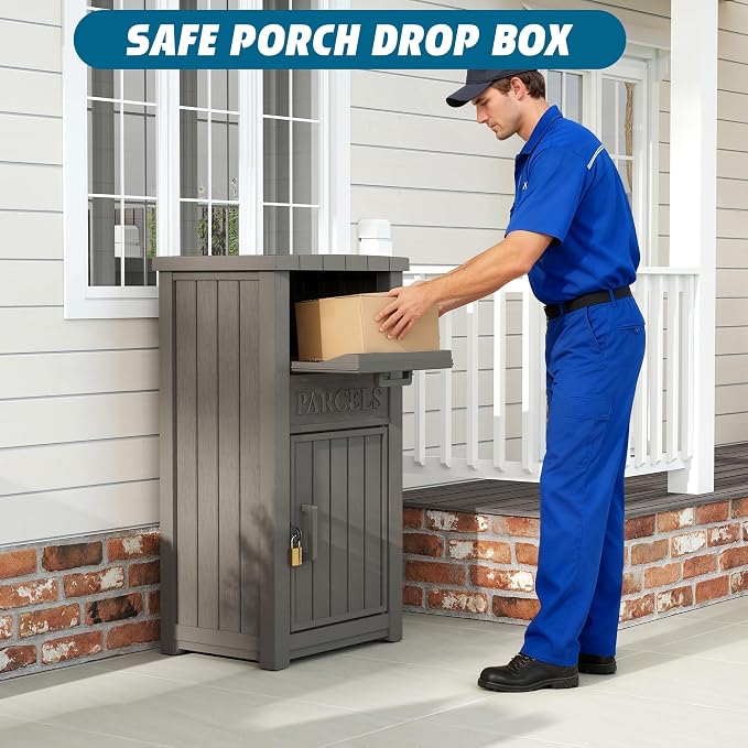 LHBGO Package Delivery Box with Sign, Lockable & Weatherproof Anti-Theft Parcel Delivery Box for Porch, Curbside, Patio,Gray