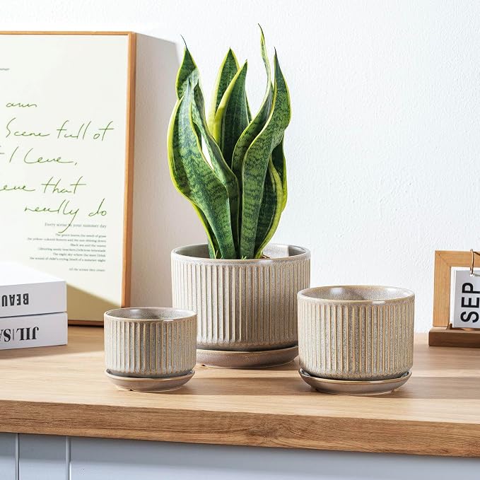 SURE YUESI Ceramic Plant Pots Set of 3, Indoor Outdoor Planters with Drainage Hole and Saucer, Ceramic Flower Pots for Indoor Plants, 4.3+5.5+6.8 Inch, Home, Garden, Patio and Office, Matte Grey