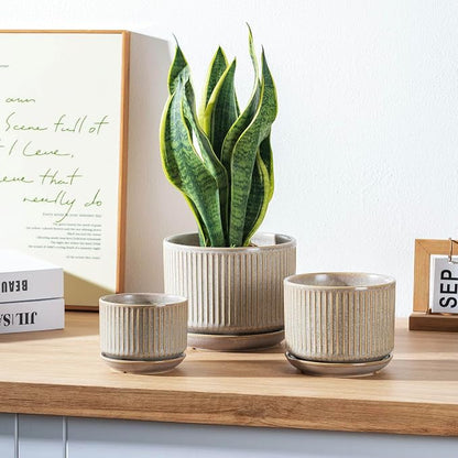 SURE YUESI Ceramic Plant Pots Set of 3, Indoor Outdoor Planters with Drainage Hole and Saucer, Ceramic Flower Pots for Indoor Plants, 4.3+5.5+6.8 Inch, Home, Garden, Patio and Office, Matte Grey