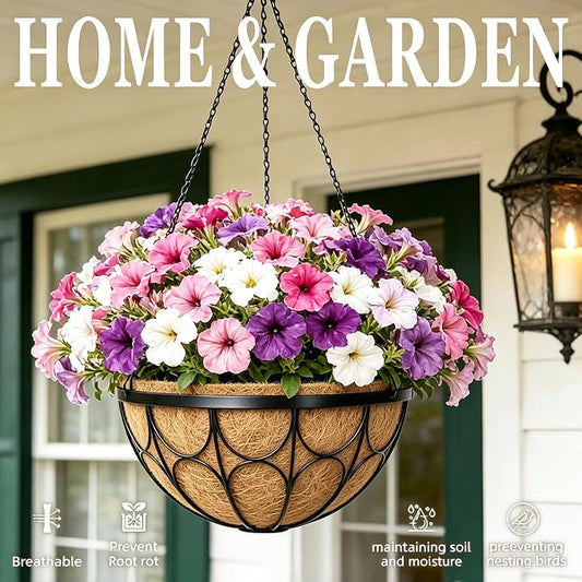 4 Pack 12 Inch Hanging Planters for Outdoor Plants，Large Wire Flower Hanging Basket with Coco Liners for Balconies, Patios, Porch, Terraces Decor