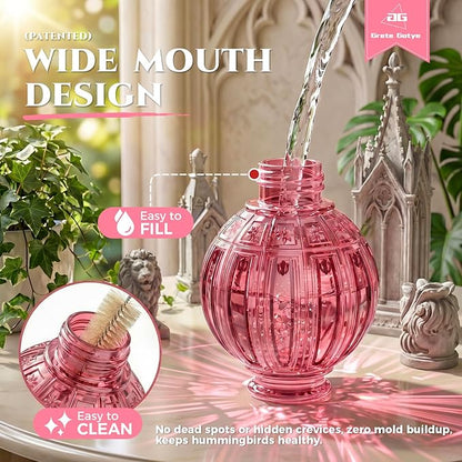 Glass Hummingbird Feeder for Outdoors Hanging, 26Oz Bird Nectar Feeder with Perch & 5 Flower Feeding Ports, Leak Proof for Outside Garden Decor Backyard, Gifts for Women Mom, Pink