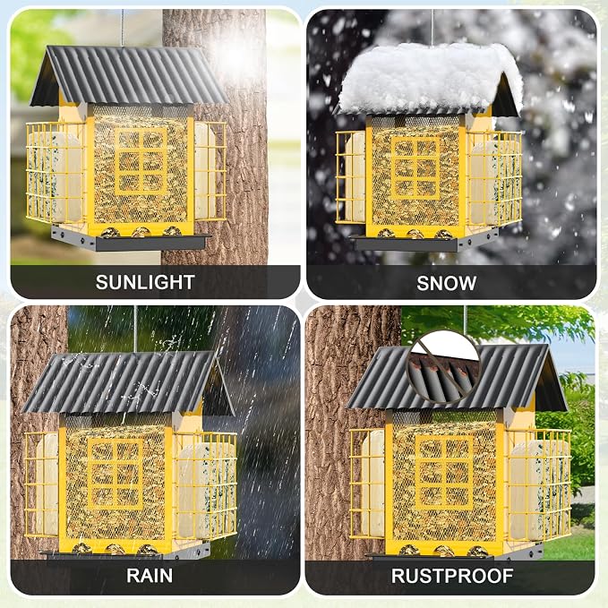 FlowaFoli Bird Feeders for Outdoors Hanging, Metal Bird Feeder with Double Suet Cage Cake, Large Capacity, Birdfeeders Sturdy & Weatherproof, Easy to Clean & Refill, Great for Attracting Wild Birds