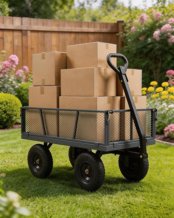 GarveeTech 800LBS Heavy Duty Steel Garden Cart, Garden Wagon Cart on Wheels, Metal Yard Utility Wagon with Removable Mesh Sides, 10" All Terrain Tires, 180° Rotating Handle for Lawn, Garden, Farm