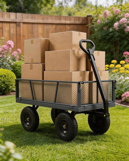 GarveeTech 800LBS Heavy Duty Steel Garden Cart, Garden Wagon Cart on Wheels, Metal Yard Utility Wagon with Removable Mesh Sides, 10" All Terrain Tires, 180° Rotating Handle for Lawn, Garden, Farm
