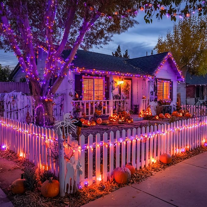 JMEXSUSS 2 Pack Solar Halloween Lights Total 400LED 151FT Orange and Purple | Halloween Lights Outdoor Waterproof, 8 Modes Solar String Lights for Outside Patio Yard Tree Halloween Decorations