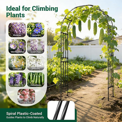Miory Garden Arch Trellis for Climbing Plants, 1.3x7.9ft Steel with UV-Resistant PE Coating Arbor Outdoor, Vertical Support for Vines Flowers Vegetable, Wedding Archway (Black)