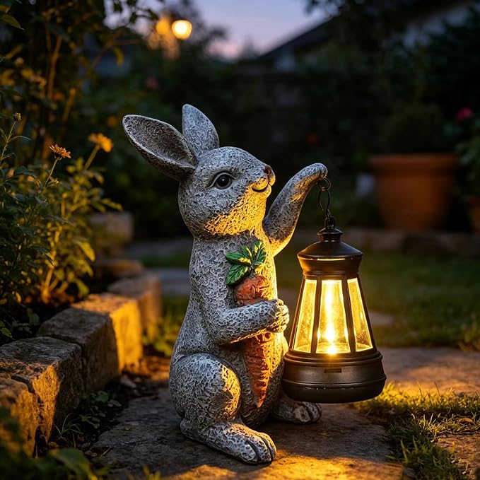 Garden Statues Rabbit Solar Lantern Outdoor Handmade Resin Statue Bunny with Cute Carrot for Patio, Yard, Mother's Day Gift Ideas