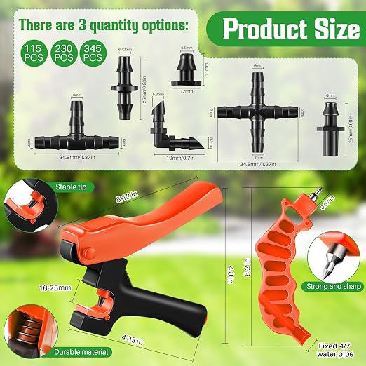 Feekoon Drip Irrigation Hole Punch Tool, 2 in 1 Drip Tubing Punch and Fitting Insertion Tool for 1/4 Inch Emitters, 16 20 25mm PE Pipe, Garden Repair(Orange,345 Irrigation Plugs)