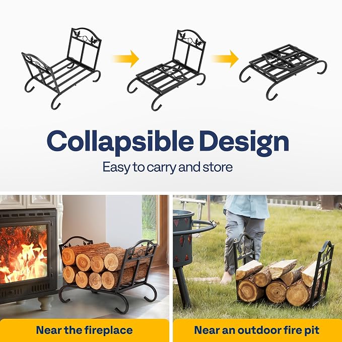 VIVOHOME 21.5 Inches Folding Firewood Storage Log Rack with Decorative Leaf Pattern and Detachable Arched Feet Wrought Iron Wood Holder Stacker Black
