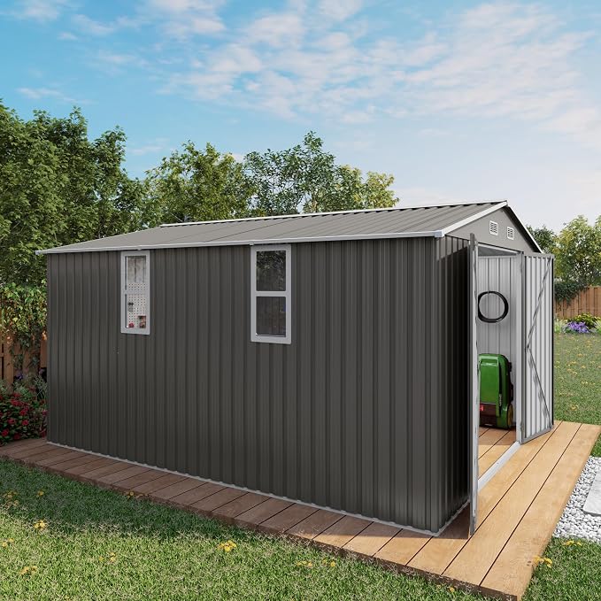 10x12FT Outdoor Storage Shed,Waterproof Large Metal Garden Shed with Double Door and Two Translucent Windows,Vents,Tool Shed for Backyard Patio Lawn Poolside,Gray