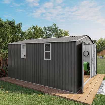 10x12FT Outdoor Storage Shed,Waterproof Large Metal Garden Shed with Double Door and Two Translucent Windows,Vents,Tool Shed for Backyard Patio Lawn Poolside,Gray