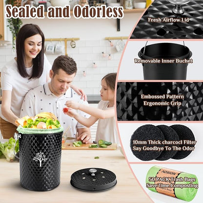 AOSION Countertop Compost Bin, Odor-Free Food Waste Container with 50 Bags | 1 Gallon Container,2 Carbon Filters,Compost Bucket, coffee grounds