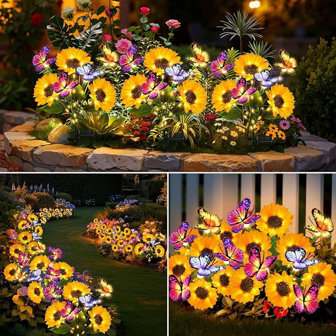 Solar Garden Lights Outdoor, 3 Pack Sunflower Solar Lights with Butterflies, Waterproof Solar Flower Lights For Yard Patio Garden Decor, Auto On/Off Solar Flowers Decorative, Gifts For Mom Women