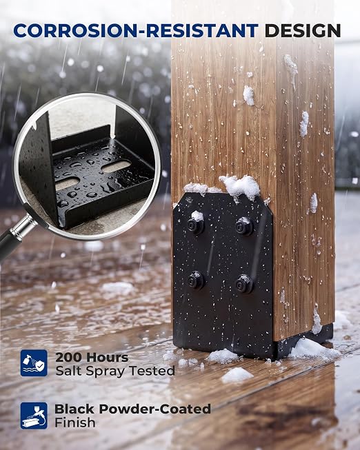 8x8 Post Base Brackets 4-Pack (7.5x7.5in Actual) - Heavy Duty Deck Post Anchor for Pergola, Gazebo, Playset - Black Powder Coated Steel with Standoff