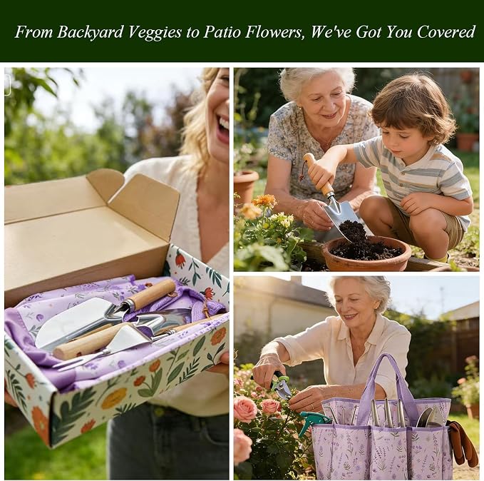 VerdantVibes Gardening Tool Set - 10 Piece Stainless Steel Garden Tools with Wood Handle, Pruners & Purple Lavender Print Tote Bag - Heavy Duty Gardening Gifts for Women Mom & Purple Lovers