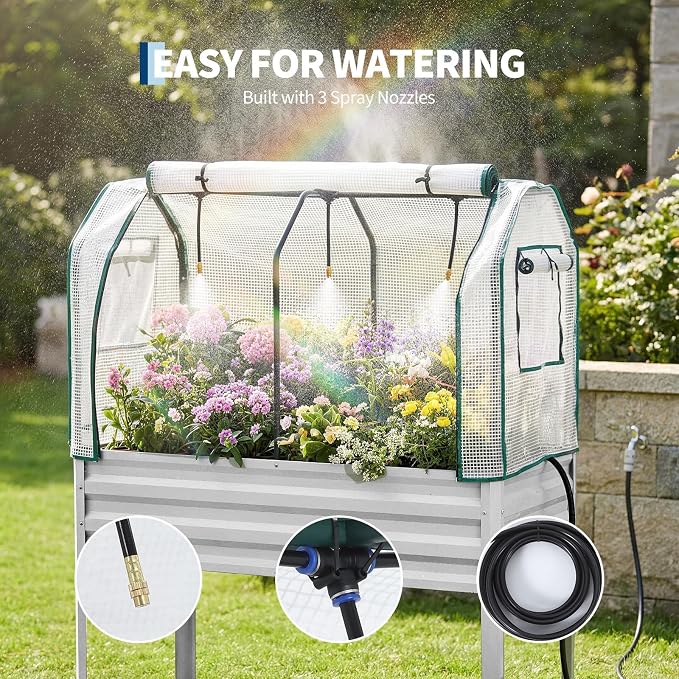 48×24×55in Large Metal Raised Garden Bed with Legs and Cover, Galvanized Oval Raised Bed Planter with Leg for Vegetables and Flowers, Build-in Spray Tube Effortless Watering | Elevated Metal Planter with Built-In 3-Spray Nozzle Watering System, Drain T...