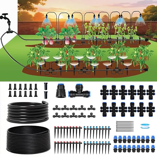 300FT Drip Irrigation System Kit, Quick Push-to-Connect Auto Garden Watering Irrigation System with 70FT 1/2'' & 230FT 1/4'' Tubing, Adjustable Dripper Sprayers for Raised Bed, Lawn, Greenhouse
