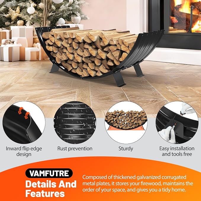 Metal Firewood Rack Outdoor By Fire Pit/Steel Logs Storage Indoor Beside Fireplace-with Metal Legs,Rustproof,Durable & Stylish Firewood Holder (Sector, 40 Inches Diameter)