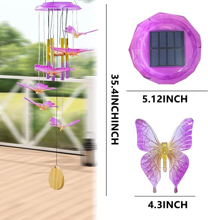 Outdoor Solar Wind Chime Decoration, Mother's Day Birthday Gifts for Grandma, Mom and Family, Outdoor Garden and Courtyard Wind Chime Accessories (Purple Butterfly)