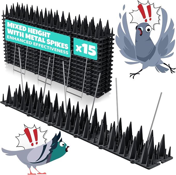 15 Pack Upgraded Bird Deterrents for Outside Patio - Balcony Pigeon Deterrent with 2400 Spikes to Keep Birds Away. Anti Bird Spikes for Pigeons and Other Small Birds, Crows, Woodpecker Deterrents
