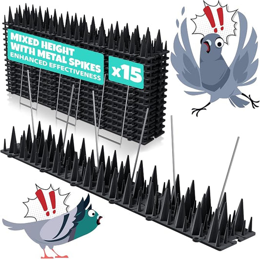 15 Pack Upgraded Bird Deterrents for Outside Patio - Balcony Pigeon Deterrent with 2400 Spikes to Keep Birds Away. Anti Bird Spikes for Pigeons and Other Small Birds, Crows, Woodpecker Deterrents