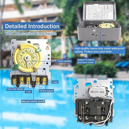 T104 Mechanical Timer Switch, 208–277 VAC 40 Amp,Pool Pump Switch, 24 Hour 12 ON/Off for Pump, Heavy Duty Pool Timers, Timer for Lights HVAC Systems, 5 Years Warranty