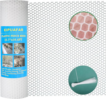 Pet Proof Barrier Net, White Plastic Chicken Wire Mesh Fencing 15.7IN x 16.4FT, Balcony Cat Safety Net & Garden Snake Barrier, Heavy Duty Protection for Chicken Coops, Rabbit Hutches, Dog Kennels