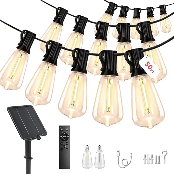 50FT Solar String Lights Outdoor Waterproof, 15+2 Shatterproof with Edison Bulbs,Solar Powered Outdoor Lights with Remote, LED String SolarLights for Garden, Backyard, Parties