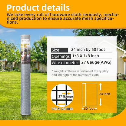 24in x 50ft Hardware Cloth 1/8 inch 27Ga Hot Dipped Galvanized After Welding, Chicken Coop Wire Fence, Welded Metal Fencing Roll Mesh for Bee Screen Garden Plant Poultry Animal Netting Cage