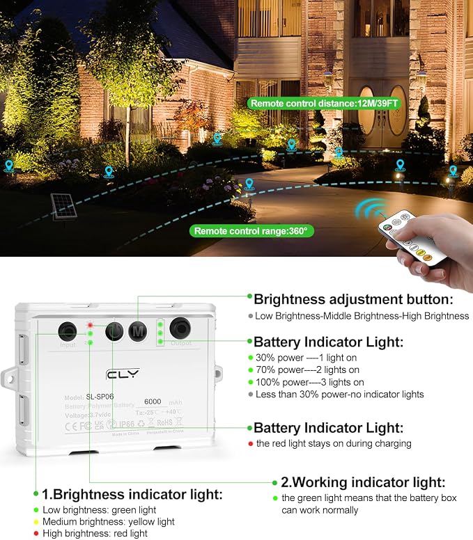 Cly 6 in 1 Solar Spotlights Landscape Outdoor Garden, Solar Powered Lights | IP66 Waterproof Landscape Lighting with Remote 18M Cable for Garden, Lawn, Patio, 2700K/4000K/6500K