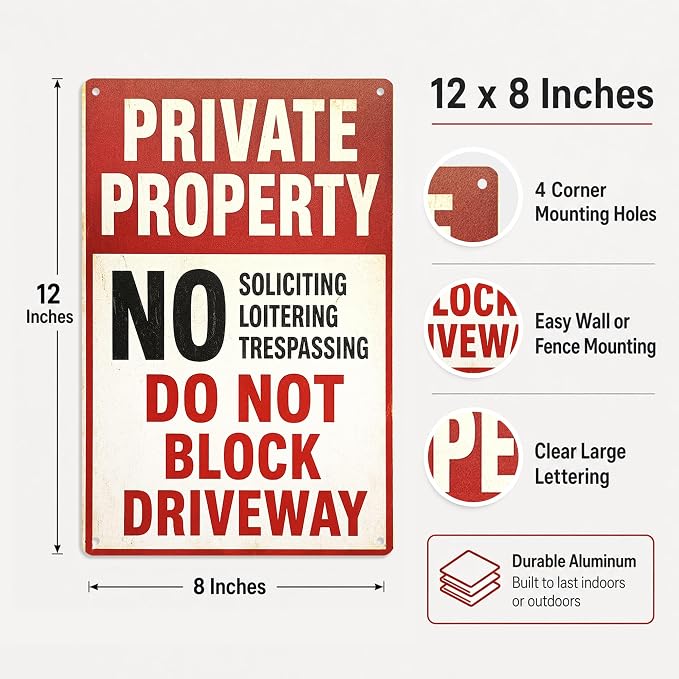 Private Property Tin Sign, 12 x 8 Inch No Soliciting Aluminum Metal Wall Decor, Vintage No Trespassing Notice for Porch, Gate, Fence, Entryway