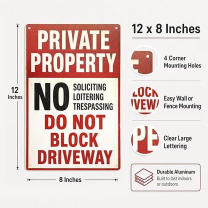 Private Property Tin Sign, 12 x 8 Inch No Soliciting Aluminum Metal Wall Decor, Vintage No Trespassing Notice for Porch, Gate, Fence, Entryway