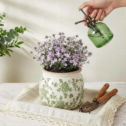 DREAMLOOM Vintage Ceramic Planter for Indoor Plants,6.1" Ice Crack Cottage Scroll Vase Tuscan Decor Flower Pots with Drainage Holes Home Kitchen Farmhouse Antique Decorative Gift (Green-Round)
