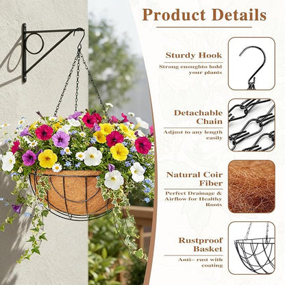 4 Pack Hanging Planter for Outdoor Plants 12 inch Metal Hanging Flower Basket with Coco Coir Liner Round Wire Plant Holder Chain Flower Pots Outdoor Garden Decoration Watering Hanging Baskets（DQ）