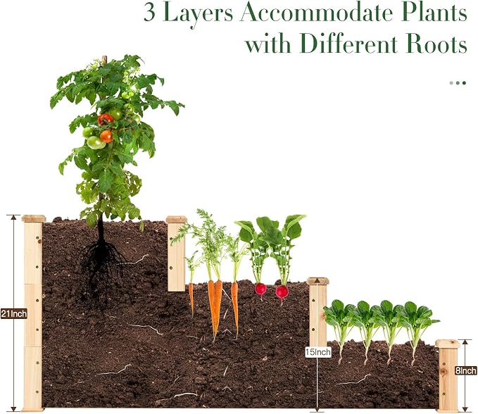 S AFSTAR 3-Tier Raised Garden Bed, Wood Elevated Planter Box with 3 Dividable Bed Kit, Outdoor Above Ground Garden Beds for Plants Herbs Vegetables, Stackable & Flat Arrangement, 49"L x 49"W x 22"H