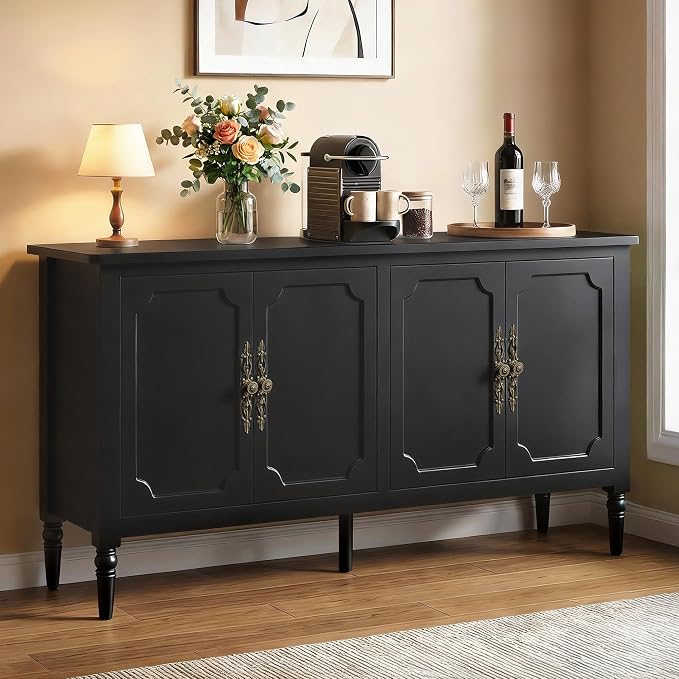 RoyalCraft Buffet Cabinet with Storage, 59" Vintage Sideboard with Adjustable Shelves, Mid Century Modern Painted Credenza Coffee Bar for Kitchen, Dining Room, Entryway, Living Room, Satin Black