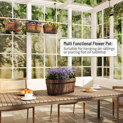 2-Pack Wooden Railing Planters, 13.2 inch Hanging Flower Pots with Detachable Hooks for Balcony, Fence, Deck, Garden, Country Home Decor -Carbonized