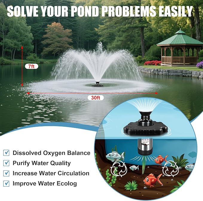 Goldlife Pond Fountain Aerator, F3 No Light, 1HP 750W 110V Stainless Steel Floating Fountain With 100 FT Power Cord, Black Octagon Aerating Fountain Pump for Small Large Ponds Lake Bay Fish farm