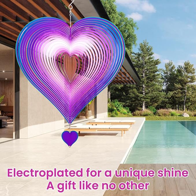 Stainless Steel Wind Spinner Outdoor Garden Decor, Gifts for Women Mom, 3D Metal Reflective Hanging Wind Spinners Sculpture for Outside Patio Garden Yard Porch Decorations (Colorful Heart, 12 Inch)