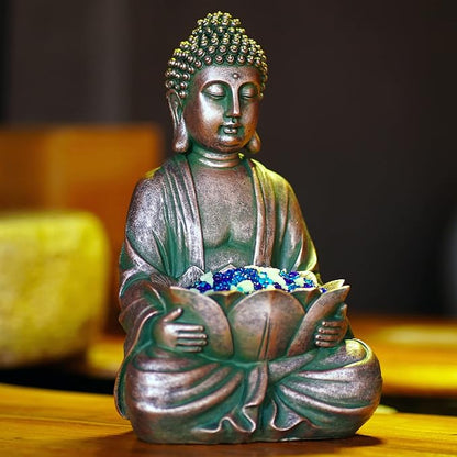 12" Meditating Buddha Statue w/Lotus - Zen Garden Sculpture Decor (Bronze) | for Indoor/Outdoor Decor, Home & Garden Decoration with Magical Glow in Dark Pebbles and Glass Stones - Antique Bronze